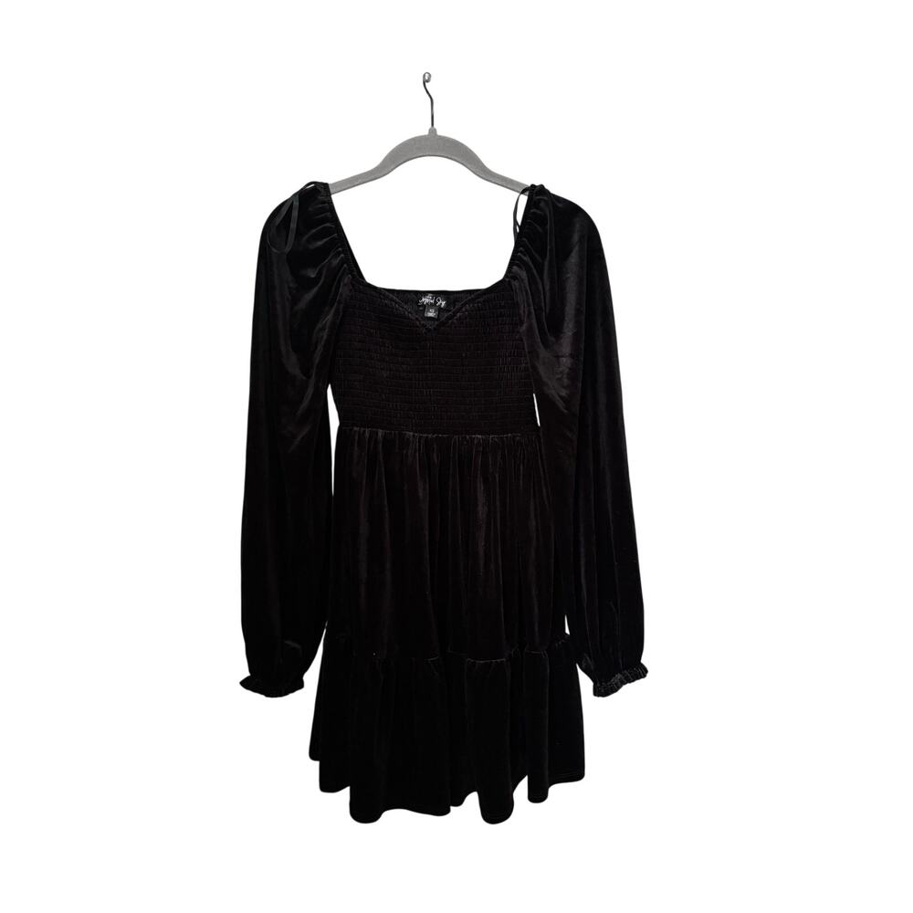 Crystal Sky Black Velvet Babydoll Dress XS Long Sleeve Gothic Cottagecore Mini - Picture 3 of 8